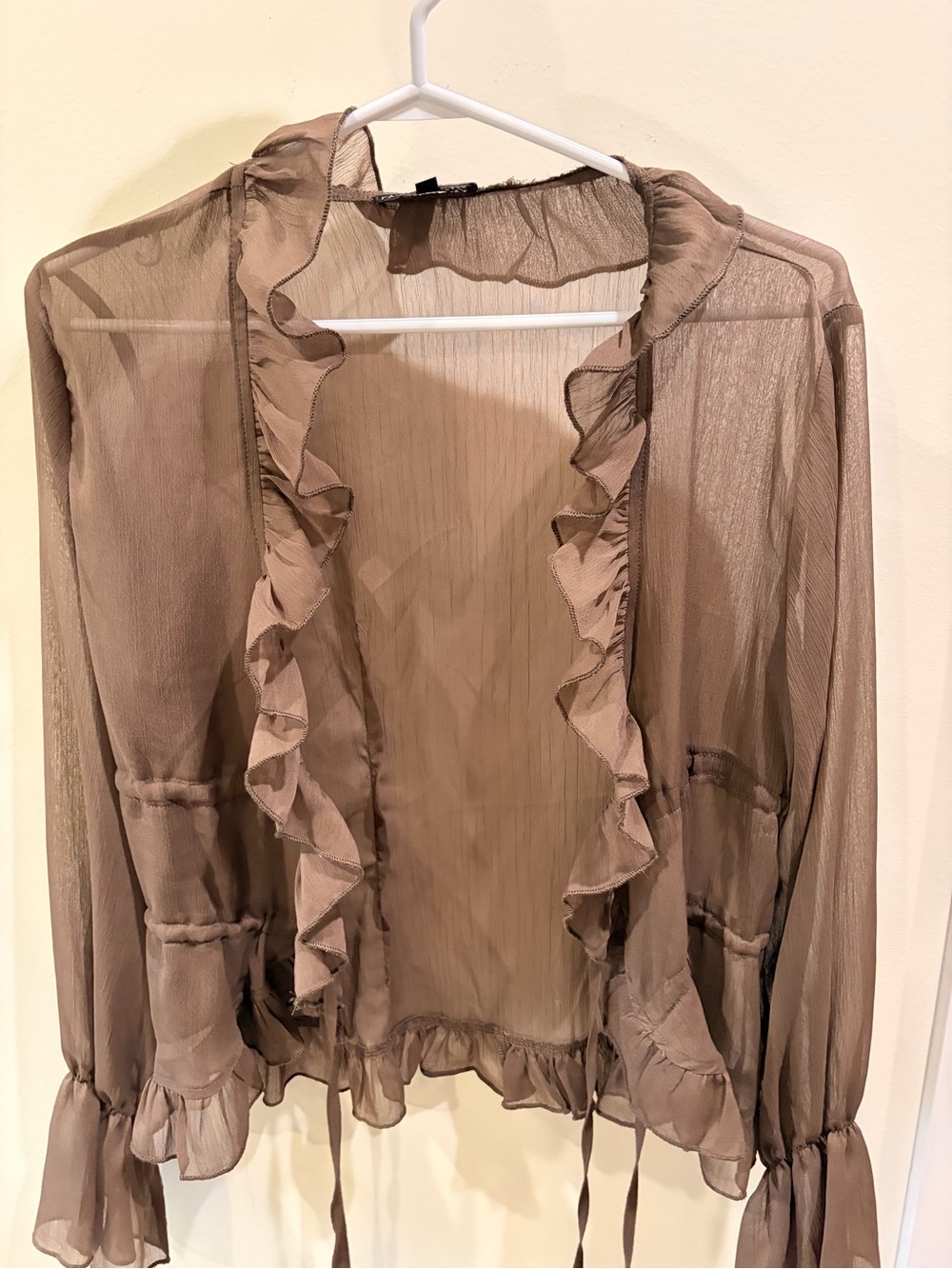 Fashion Nova Sheer Ruffle Open-Front Blouse - Taupe